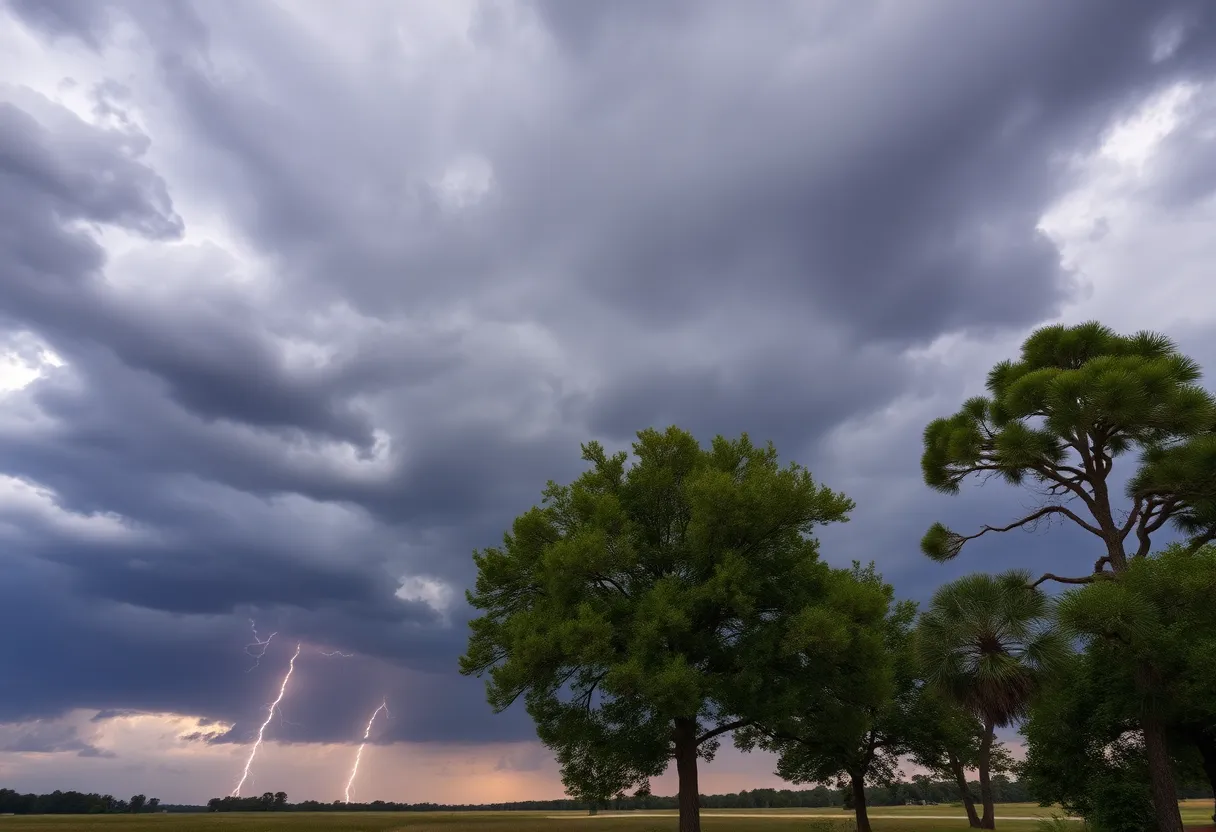 Dark storm clouds and lightning over South Carolina landscape during a thunderstorm