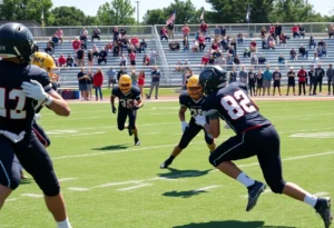 Football players from South Pointe High School in action during a game.