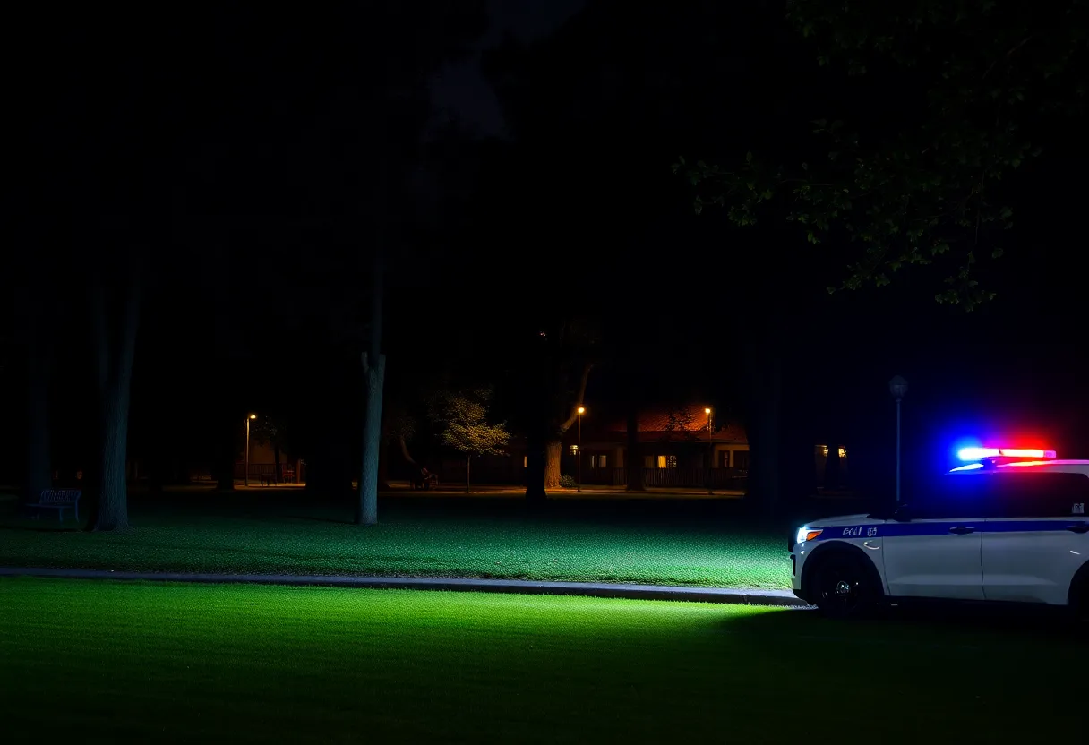Night view of Steele Street Park with police lights illuminating the area