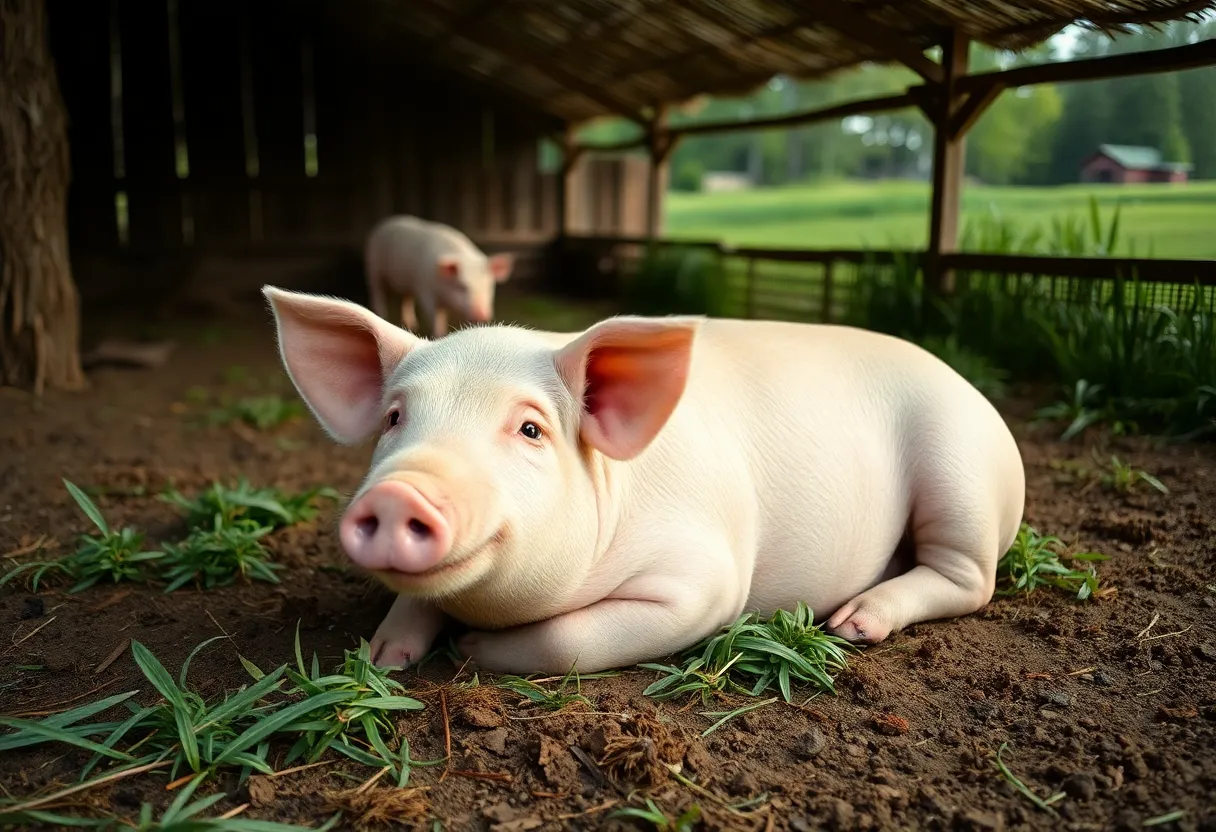 Petey the stray pig resting at Lancaster Farm Sanctuary