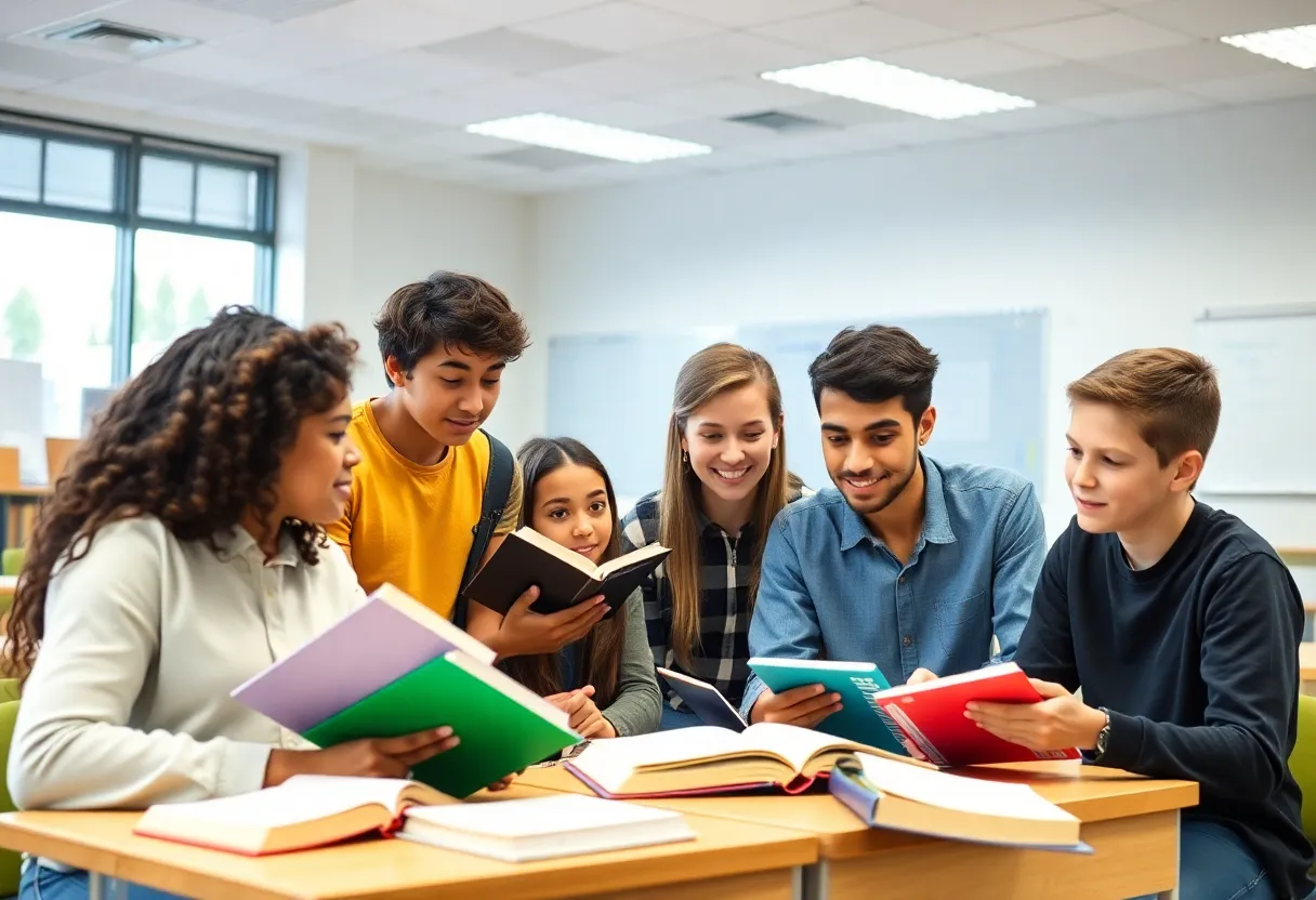 High school students engaged in studying for dual enrollment courses