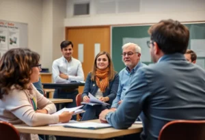 Teachers in a classroom discussing social media implications