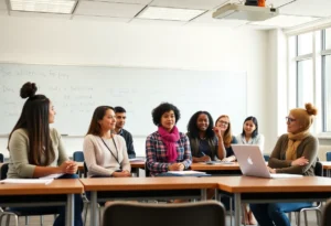 A diverse group of teachers discussing education and social media issues