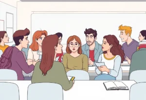 Illustration of a diverse university classroom discussing academic freedom and course content