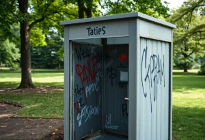 Damage and graffiti on a bathroom stall in Harrison Park.