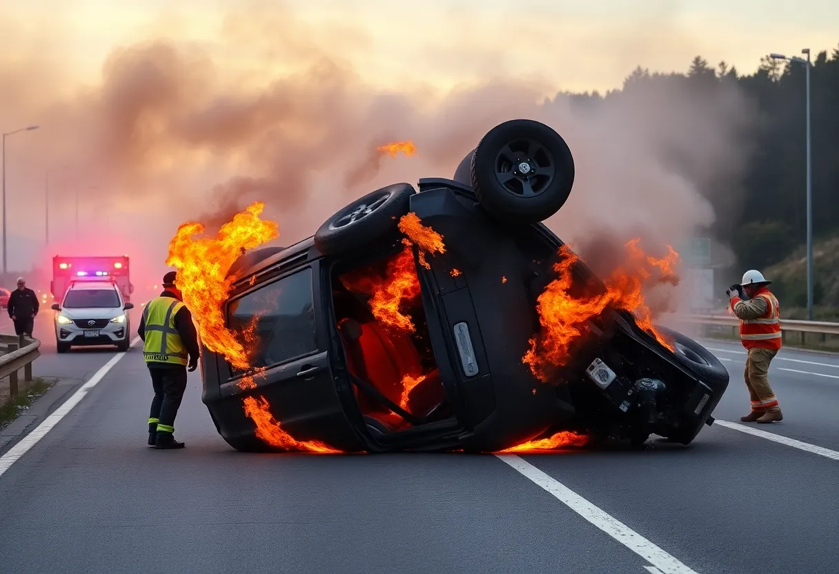 A vehicle involved in a rollover crash on Route 283, surrounded by flames.