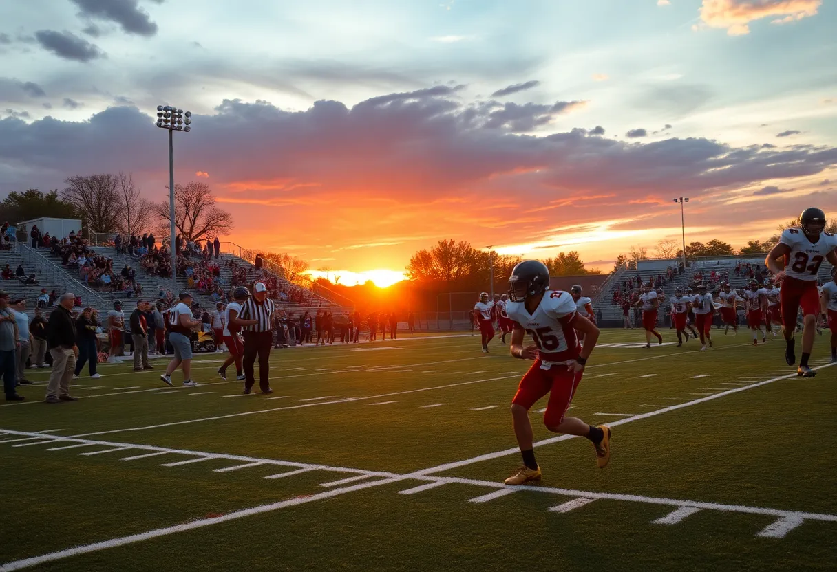 High school football players in action during the game.