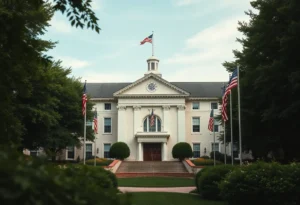 West Point Academy surrounded by greenery and flags