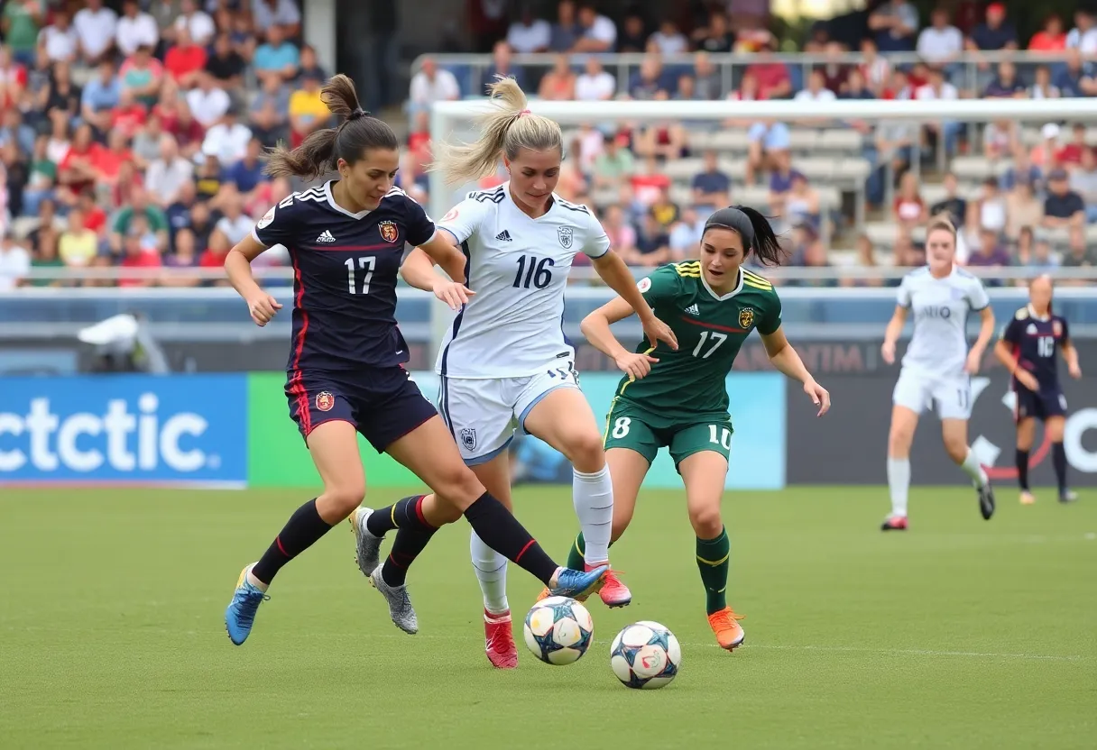 Western Carolina and Winthrop women's soccer players in action during a match.