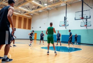 Players practicing on the basketball court at Winthrop University