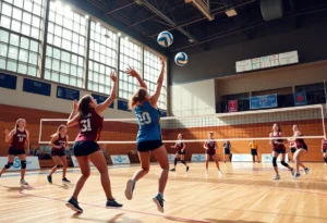 Winthrop volleyball players competing during a match