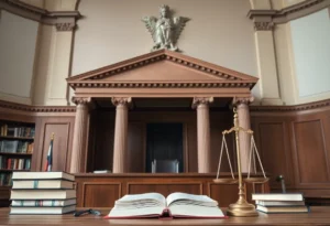 Empty judge's bench in a courthouse reflecting vacancy and controversy.
