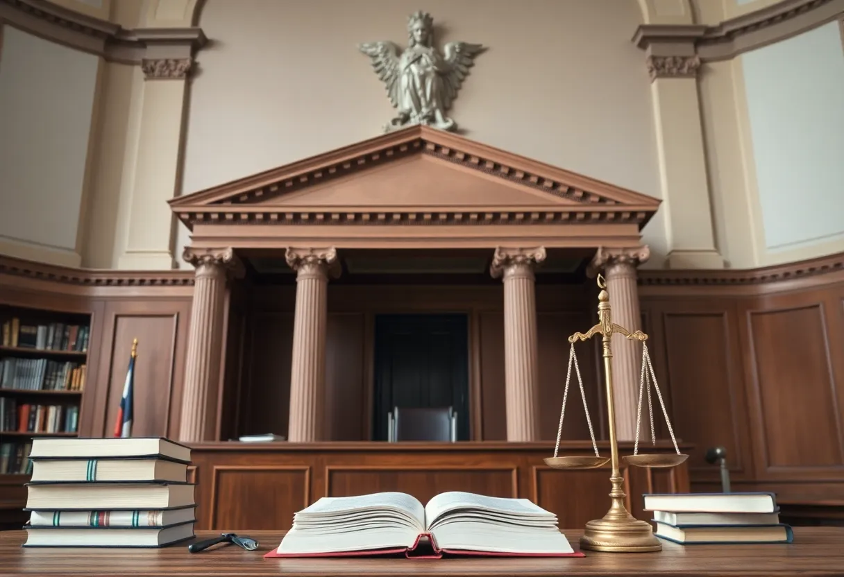 Empty judge's bench in a courthouse reflecting vacancy and controversy.