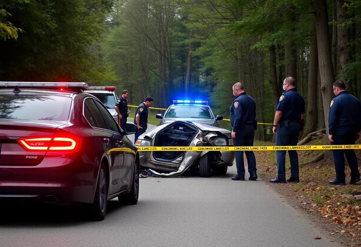 Law enforcement investigating a car accident in York County with focus on drug discovery