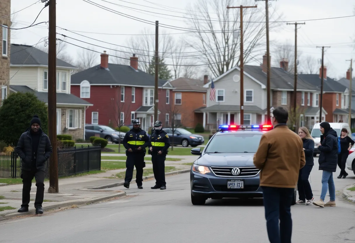 Police patrolling a neighborhood in York, Pennsylvania after a shooting incident.