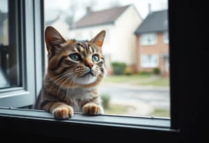 A sad cat in a window highlighting animal welfare issues