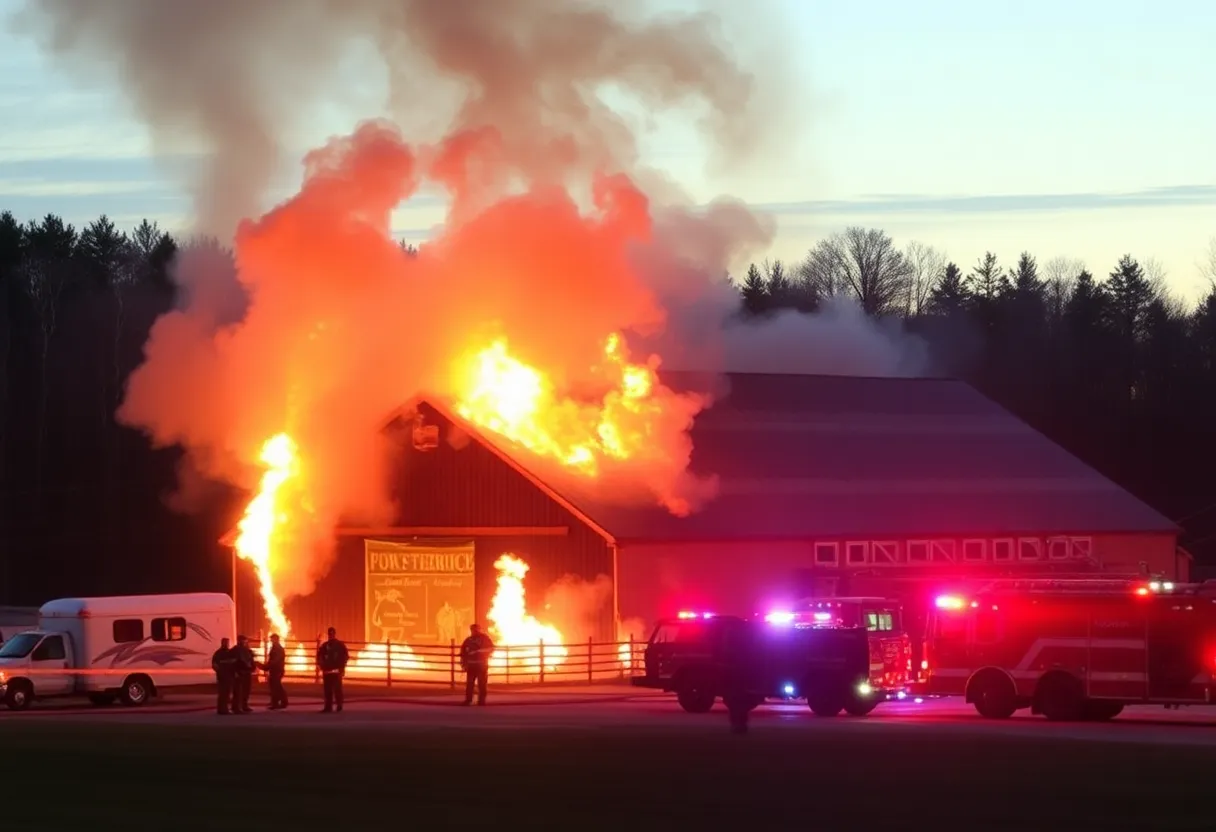 Barn engulfed in flames with firefighters on scene