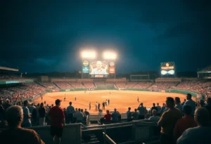 Spectators enjoying a baseball game at Truist Field under the night sky.