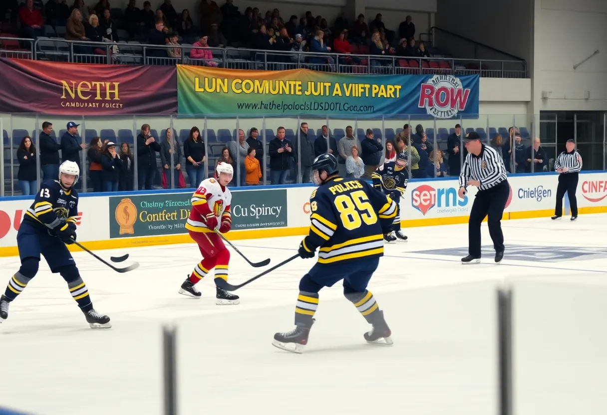 Firefighters and police officers playing ice hockey at the Battle of the Badges event.