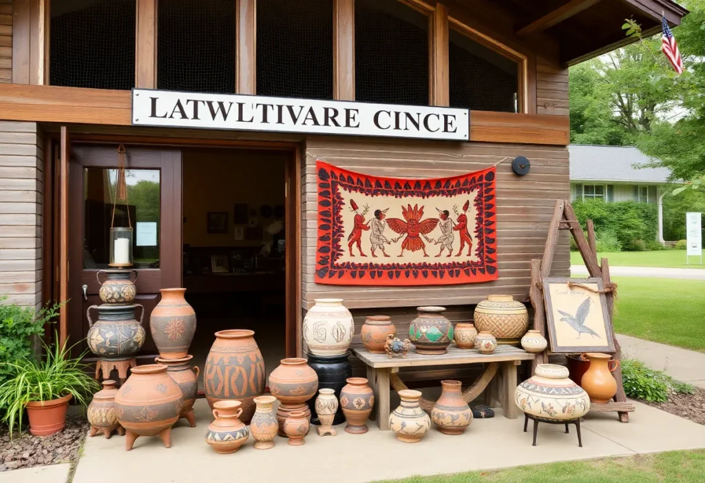 Art and pottery displayed outside Catawba Cultural Center