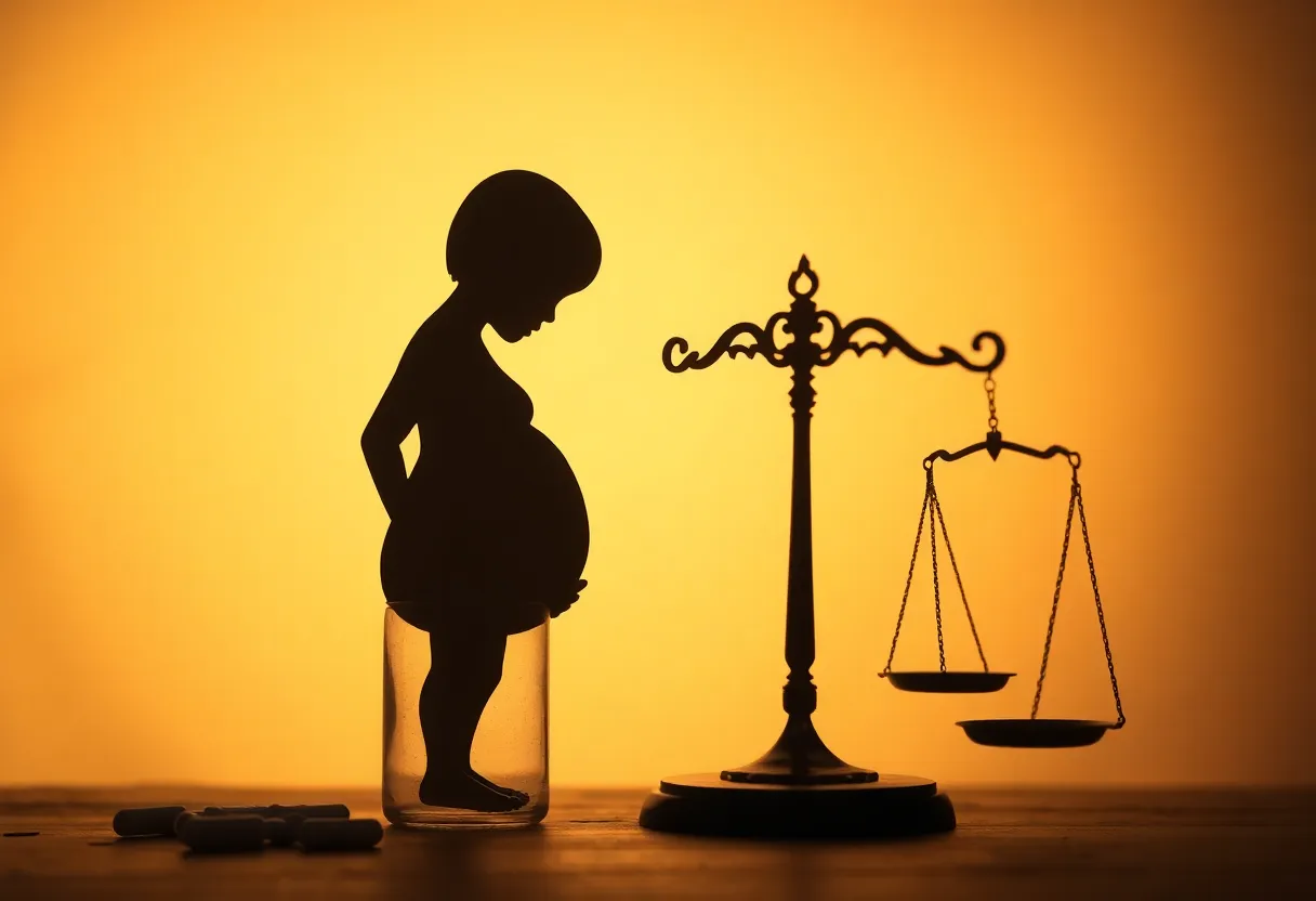 Symbolic scene illustrating the dangers of drug use during pregnancy