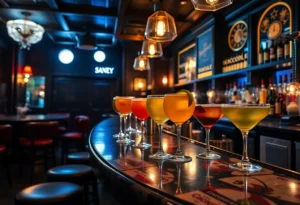 Interior of a Charlotte speakeasy with cocktails