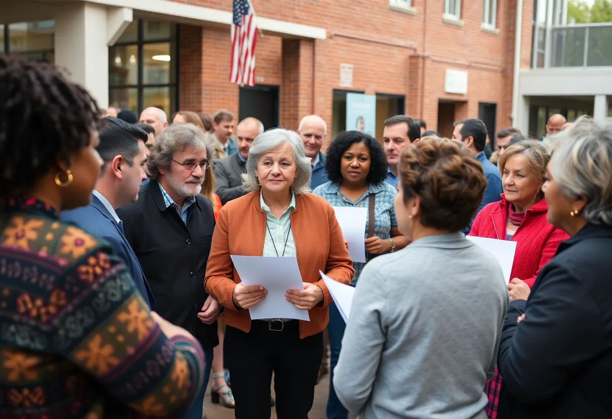 A diverse group of people discussing political issues at a community meeting.