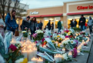 Vigil area with flowers and candles in remembrance of the shooting victim