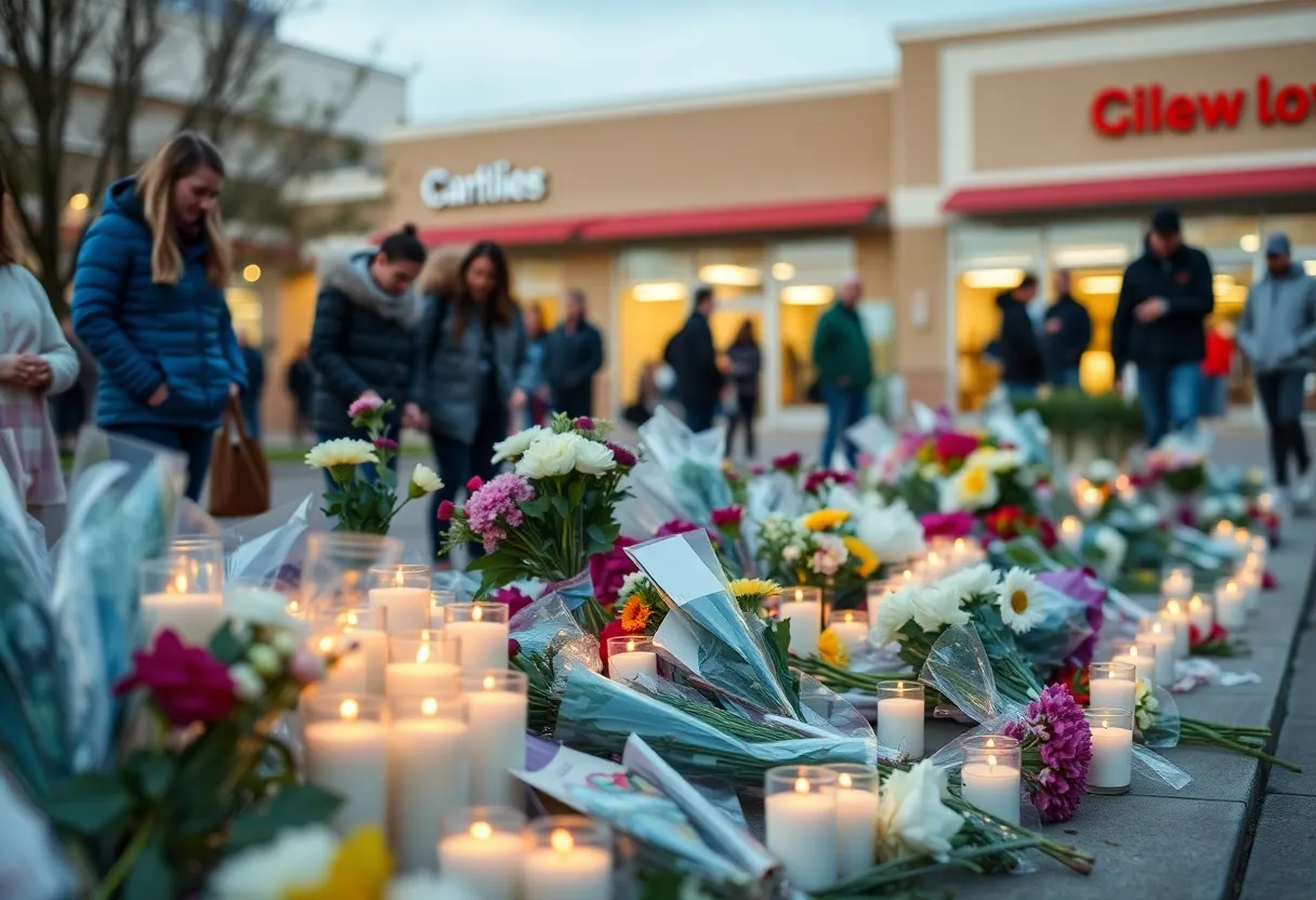 Vigil area with flowers and candles in remembrance of the shooting victim