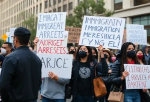 Protesters demonstrating against ICE arrests in York City.