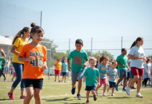 Community sports event with families engaging in athletic activities