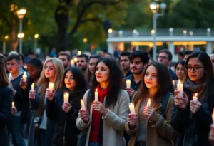 Community members gathering for a vigil promoting unity against political violence.