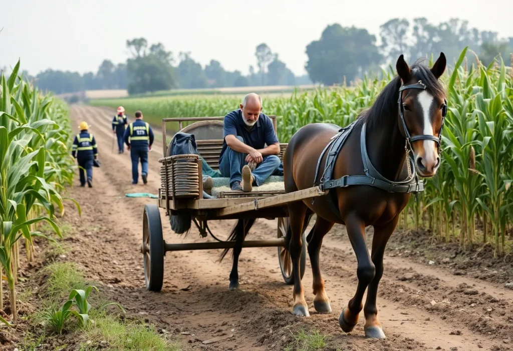 Emergency responders assisting at a corn picker accident scene.