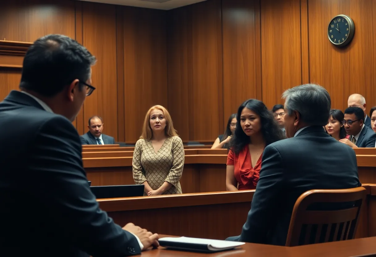 A courtroom during a bond hearing with visible tension among those present.