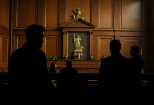 Courtroom where serious discussions about justice are taking place.