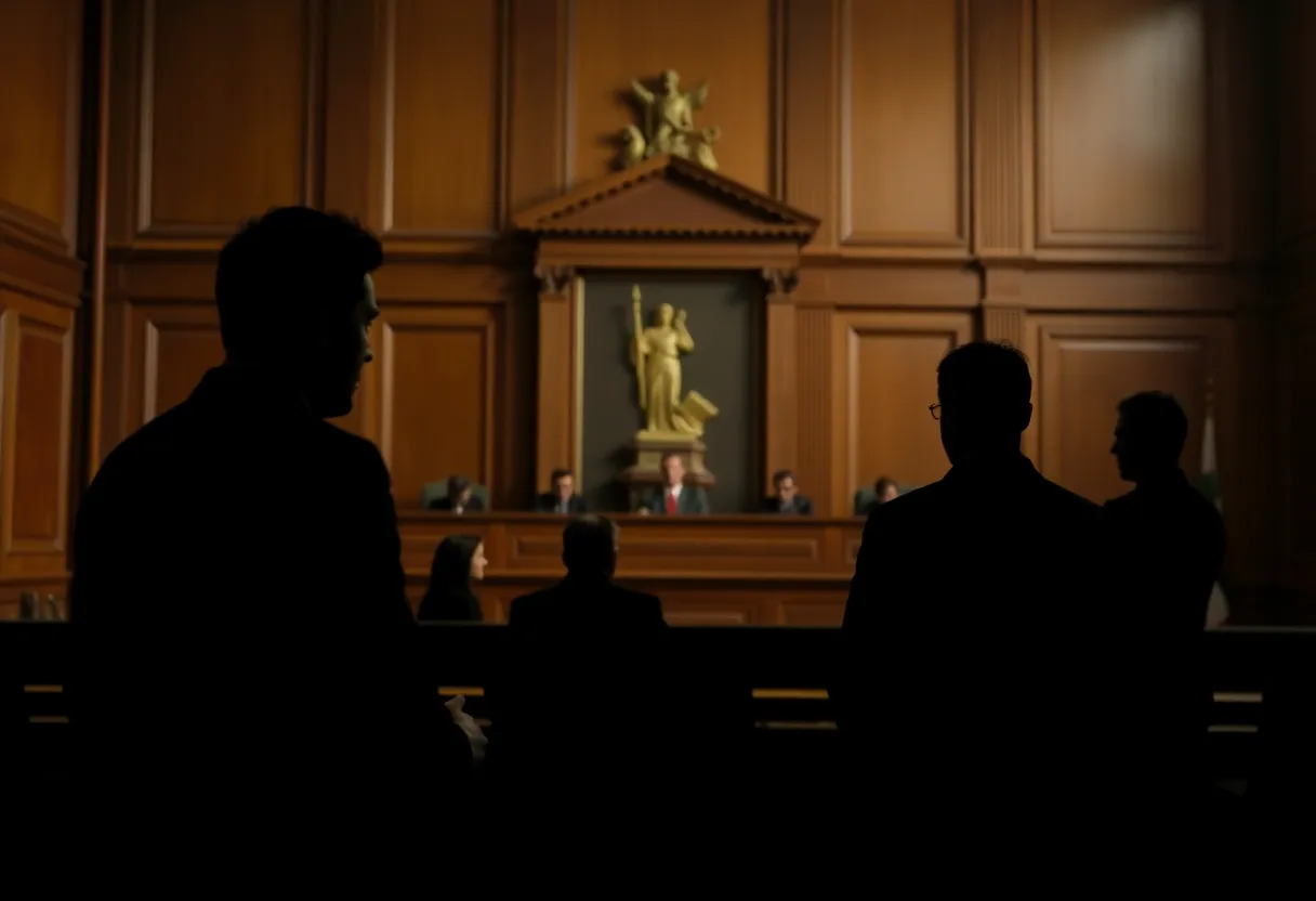 Courtroom where serious discussions about justice are taking place.