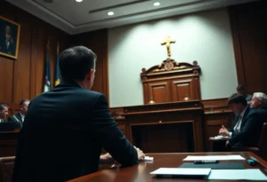 Courtroom setting focused on a harassment case