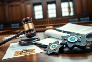 Courtroom setting with gavel and legal documents