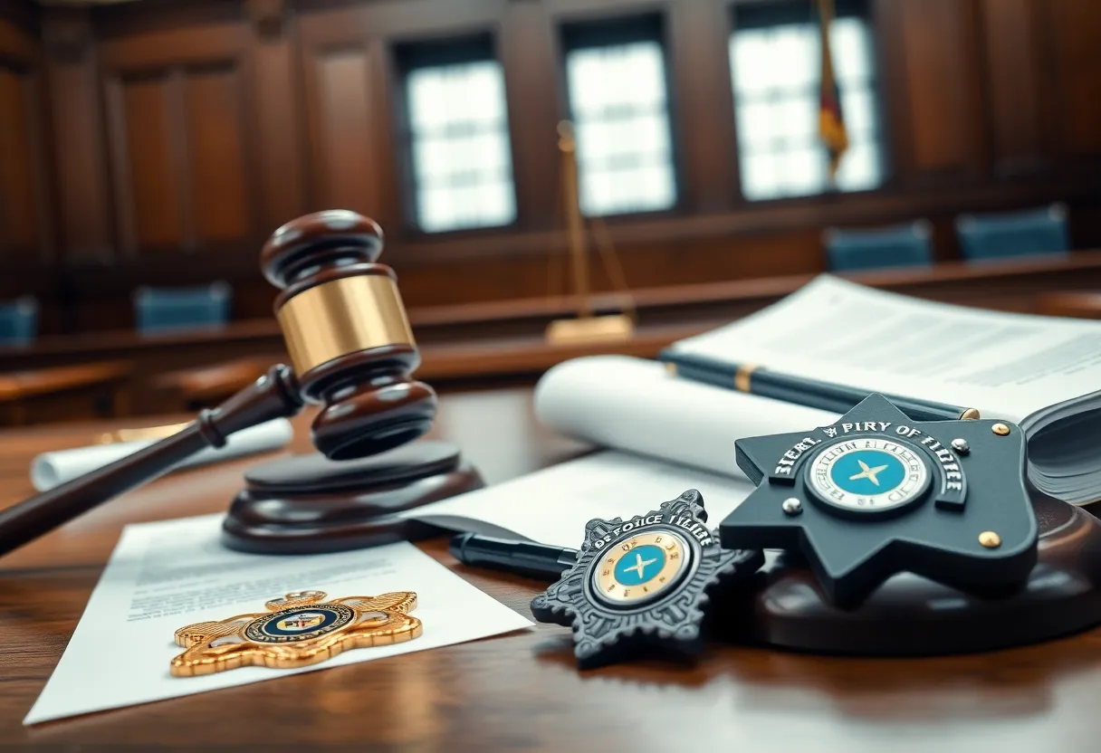 Courtroom setting with gavel and legal documents