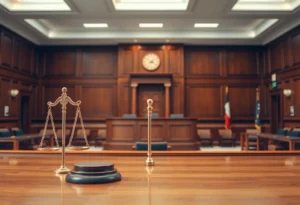 Abstract representation of a courtroom symbolizing justice