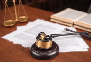 A courtroom setting with a gavel and legal documents