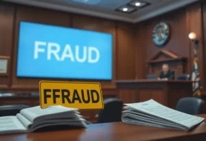 Illustration of a courtroom with financial documents representing fraud.