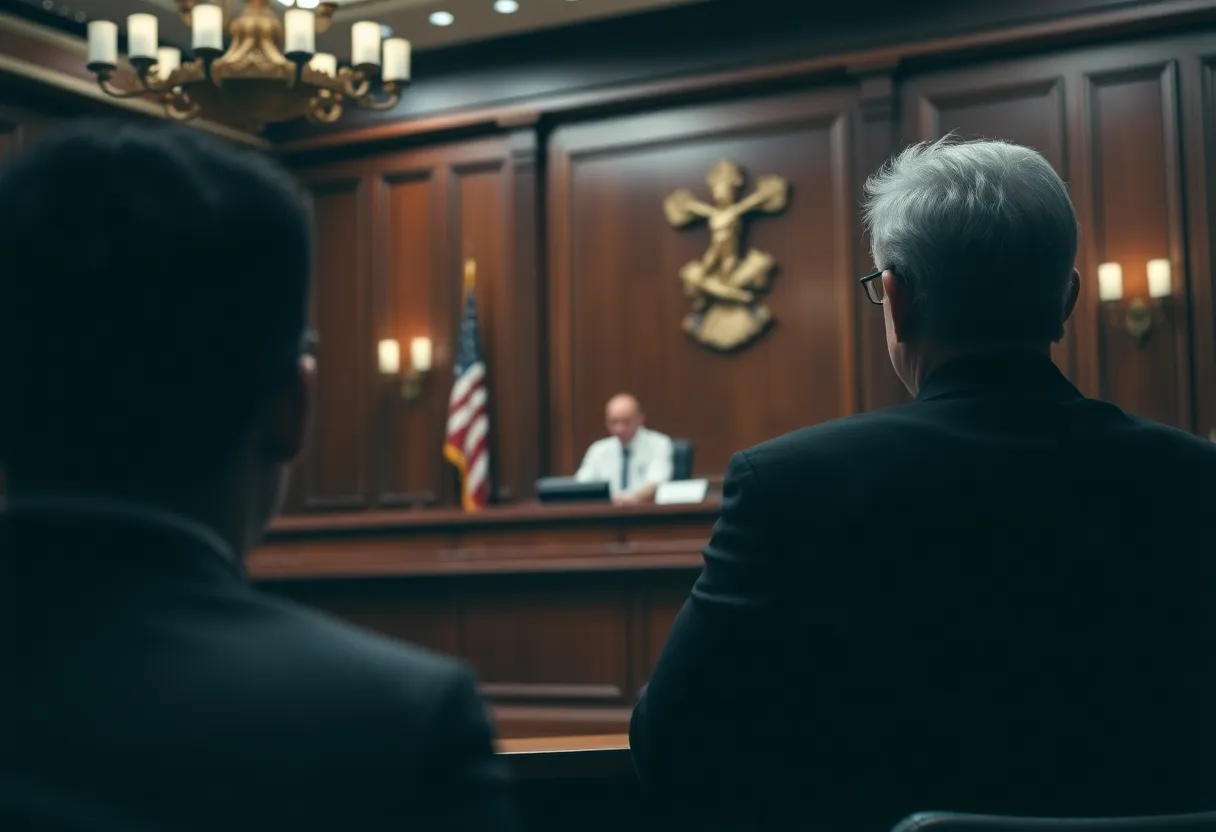 A courtroom during a legal hearing.