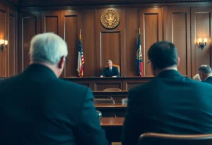 A legal courtroom scene featuring a judge and legal professionals.