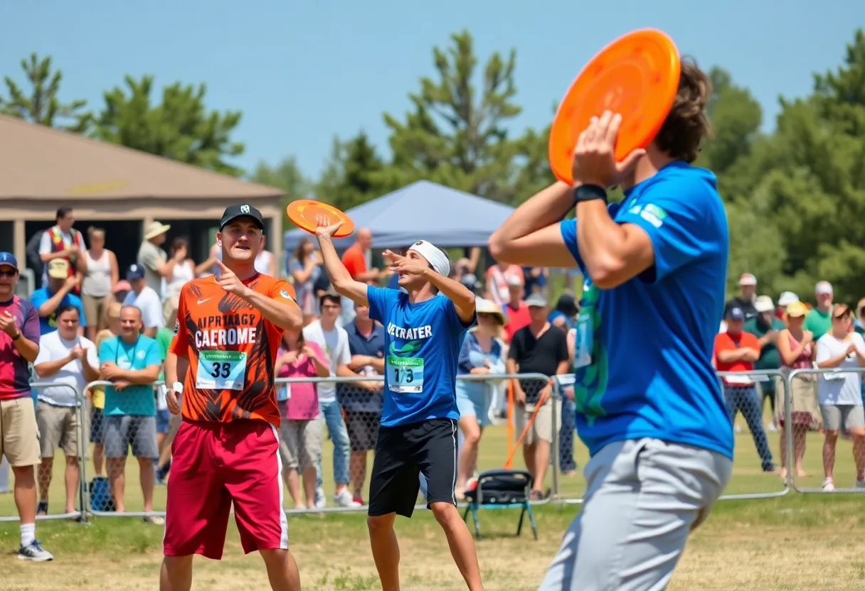Disc golf players in action during a tournament at Winthrop University.
