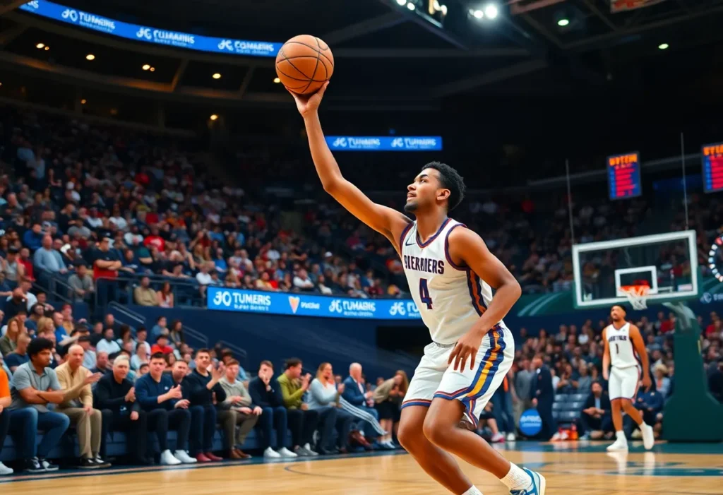 Basketball player on court with fans