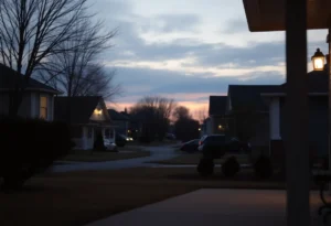 Suburban neighborhood porch during dawn.
