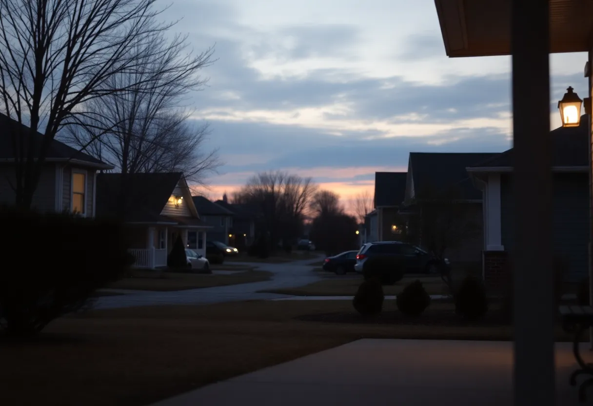 Suburban neighborhood porch during dawn.