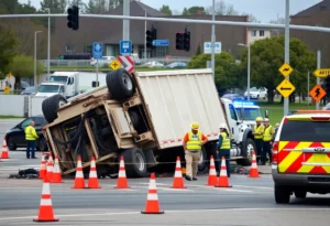 Overturned dump truck at an intersection with emergency responders