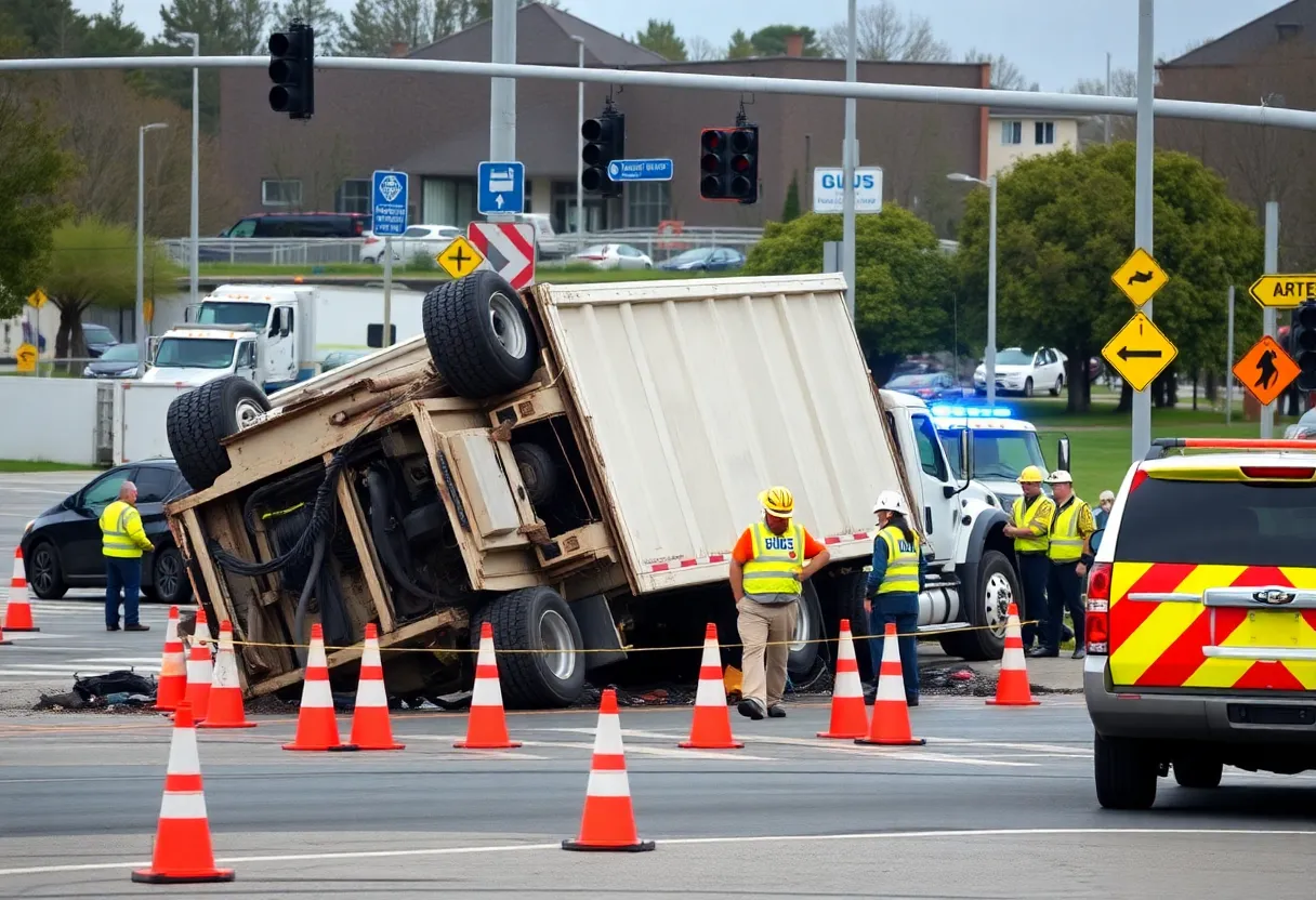 Overturned dump truck at an intersection with emergency responders